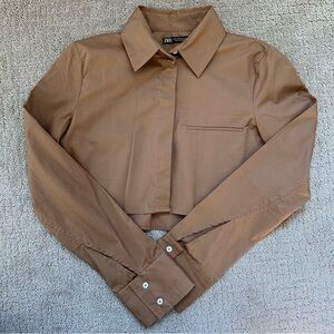 NWOT Zara Tan Cropped Long Sleeve Button Up